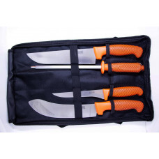 Slagtersæt orange håndtag 3 knive og 1 slibeværktøj